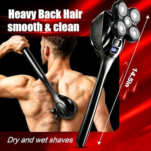 Back Shaver for Men, Rechargeable Electric Back Shaver with Long Handle, Waterproof Full Body Hair Trimmer&Groomer Kit with Replaceable Shaving Heads