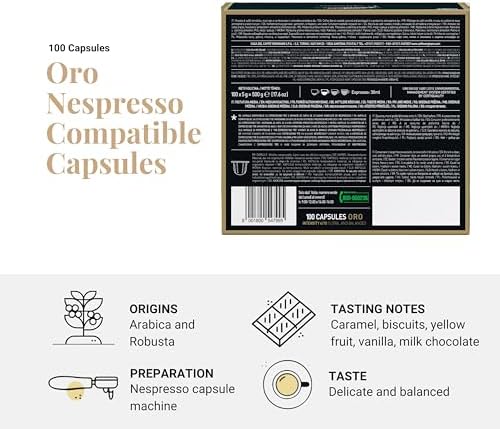Caffe Vergnano 1882 Medium Roast Espresso Original Line Machine Compatible Capsules, Arabica Robusta Espresso Coffee, Italian Coffee For Nespresso Coffee Machines, Intensity 4/10, Oro, 100 Ct