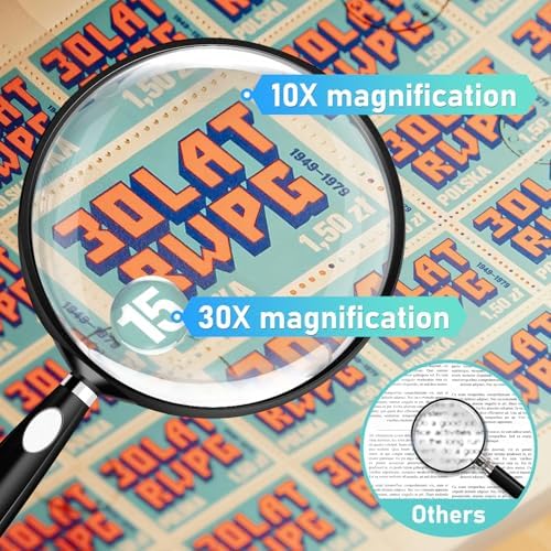 10X 30X Magnifying Glass for Reading, Handheld Magnifier for Reading, 90mm Magnifying Glass Scratch Resistant Lens, Soft Handle for Close Work Book Newspaper Nature Exploration (Black)