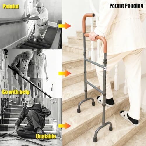 20-Level Adjustable Stair Climbing Assist Cane & Elderly Stair Lift Assist with Anti-Slip Handle & Stabilizing Feet, 300lbs Capacity for Seniors, Standard Steps-Patent Pending (grey)