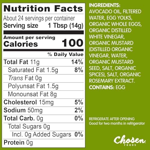 Chosen Foods Classic Mayo, 12 Fl Oz - 100% Pure Avocado Oil-Based Mayonnaise - Non-GMO, Gluten-Free, Keto Friendly - 355mL Glass Jar (Pack Of 1)