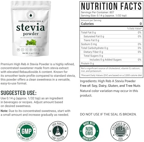 Premium Pure Stevia Extract Powder, Natural Stevia Extract Sweetener Powder for Baking and Beverages - No Aftertaste, Non-GMO, Keto Friendly, 807 Servings, 4 oz (113 g)
