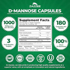 Zazzee D-Mannose, 1000 mg per Serving, 180 Vegan Capsules, 3 Month Supply, Potent & Fast-Acting, Certified Kosher, 100% Pure, All-Natural Urinary Tract Health Support, 100% Vegetarian, Non-GMO