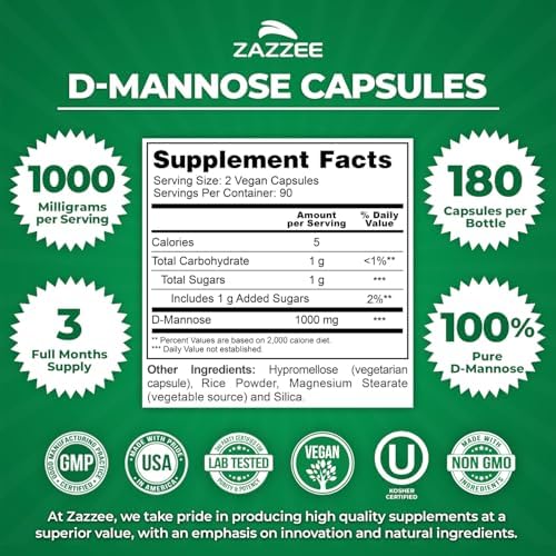 Zazzee D-Mannose, 1000 mg per Serving, 180 Vegan Capsules, 3 Month Supply, Potent & Fast-Acting, Certified Kosher, 100% Pure, All-Natural Urinary Tract Health Support, 100% Vegetarian, Non-GMO