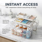 Portable Medicine Organizer Box & First Aid Kit Container – 3-Layer Folding Storage Bin with Handle & Latch, Clear Medical Supply Case for Home, Dorm, Sewing – w/ 2 Pill Pods & Labels