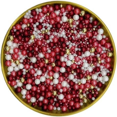 Edible Red Series & Gold & White Sugar Pearls Sprinkles Candy Mix Size Pearls Cake Decorations Cupcake Toppers Decorating Perfect for Wedding Party Valentine Supplies 4.58OZ