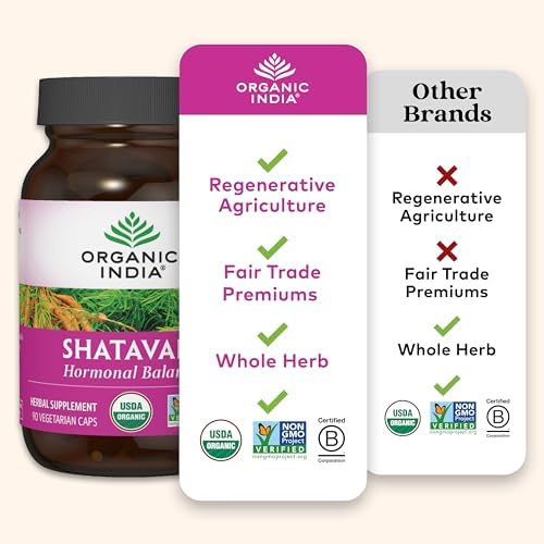 ORGANIC INDIA Shatavari Herbal Supplement - Supports Hormonal Balance, Immune and Inflammatory Response, Vegan, Gluten-Free, USDA Organic, Supports Reproductive Health - 90 Capsules