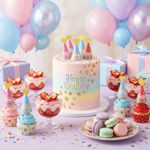 9 PCS Mini Cupcake Toppers Party Hats Happy Birthday Cake Topper, DIY Paper Hat Cupcake Decorations for Cupcakes Cake Dessert Birthday Celebrations Party Supplies