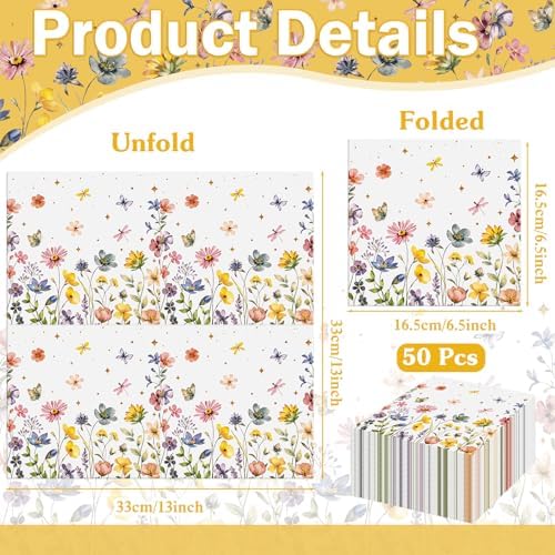 Konsait Flower Napkins - 50 Pack Spring Floral Dragonfly Decorative Paper Napkins for Wedding, Tea Party, Bridal Shower & More, 6.5 x 6.5 Inches