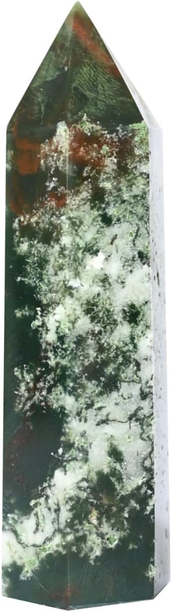 Angelstones Natural Moss Agate Gemstone Healing Crystal Hexagonal Pointed Reiki Chakra Faceted Prism Wand Carved Stone Figurine Home Decor