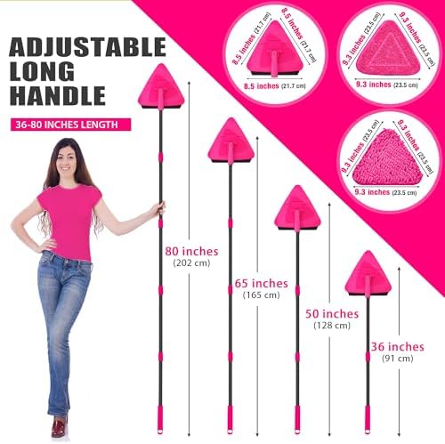 JEHONN Wall Mop with Long Handle 80 inches, Upgraded 180° Collapsible Baseboard Cleaner Tool with Squeegee, Ceiling Duster with 3 Microfiber and 3 Chenille Pads for Cleaning Window, Cabinet (Rose Red)