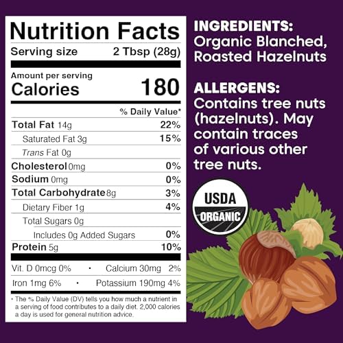 Wilderness Poets, Organic Roasted Hazelnut Butter - (8 Ounce) - One Ingredient, Gluten Free, Non GMO, No Salt, No Sugar - Glass Jar