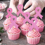 Breast Cancer Cupcake Toppers, 24 Pack Pink Ribbon Cupcake Decorations for Breast Cancer Awareness Month, Paper Breast Cancer Awareness Cupcake Toppers for Fundraisers, Events & Support Parties