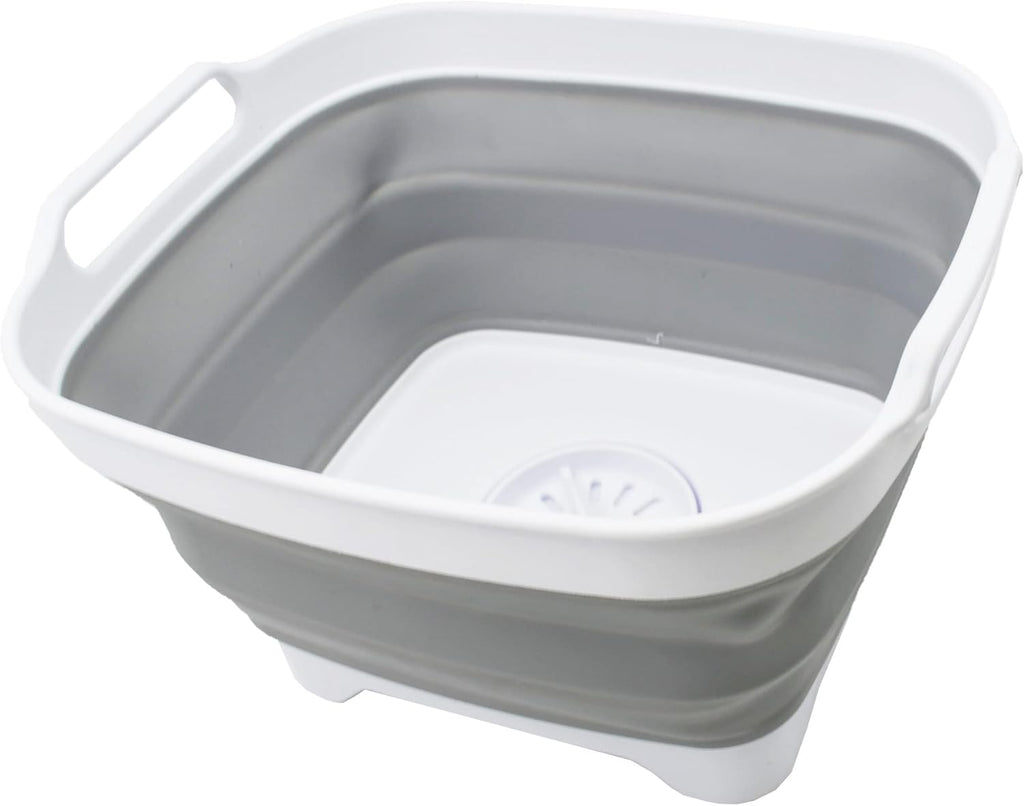 SAMMART 7.5L (2 Gallons) Collapsible Dishpan with Draining Plug - Foldable Washing Basin - Portable Dish Washing Tub - Space Saving Kitchen Storage Tray (White/Grey, 1)