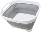 SAMMART 7.5L (2 Gallons) Collapsible Dishpan with Draining Plug - Foldable Washing Basin - Portable Dish Washing Tub - Space Saving Kitchen Storage Tray (White/Grey, 1)