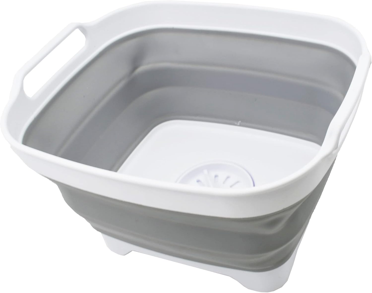 SAMMART 7.5L (2 Gallons) Collapsible Dishpan with Draining Plug - Foldable Washing Basin - Portable Dish Washing Tub - Space Saving Kitchen Storage Tray (White/Grey, 1)