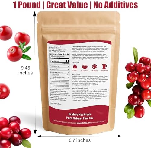 Hee Creek 100% Pure Cranberry Powder 16oz/ 453g Freeze Dried Cranberry Ultra-Fine Fruit Powder for Smoothies & Baking & Beverages & Food Coloring, No Added Sugar & Additives