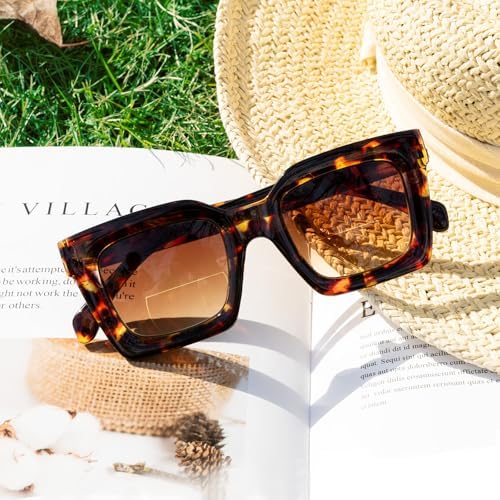 Bifocal Reading Sunglasses for Women Spring Hinge Outdoor Readers Glasses UV400 Protection, Amber Tortoise, 2.0
