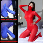 LESOYA Women Men Long Sleeve Bodysuit Sheer Catsuit High Collar Oil Shiny Bodystocking Silky Full Body Stocking