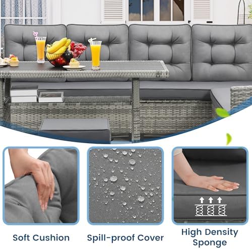 6-Piece Patio Furniture Set, Outdoor Sectional Sofa with Dining Table & Chairs, All-Weather Dining Set with Removable Cushion Covers, Ideal for Garden, Porch, Backyard, Grey