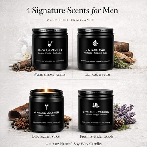 Candles for Men Gift Set, 4 Pack Masculine Scented Soy Candles for Men, Leather, Smoke, Oak & Lavender Scents, Aromatherapy Candle Gift Set for Dad, Husband, Boyfriend, Birthday & Father’s Day Gifts