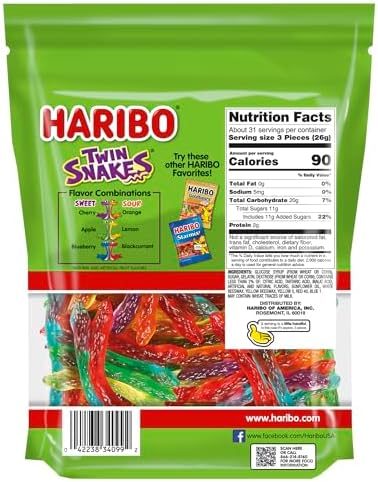 HARIBO Gummi Candy, Twin Snakes Sweet & Sour Gummy Candy, 28.8 Ounce Resealable Party Size Stand Up Bag, Soft & Chewy Snacks, Assorted Fruity Flavors