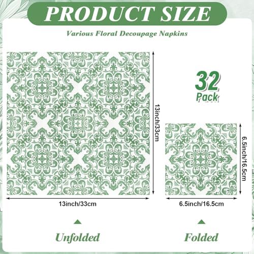 16 Pcs 8 Styles Decoupage Napkins, Sage Green Floral Paper Napkins Chinoiserie Decorative Cocktail Napkin Pretty Printed Cocktail Paper for DIY Crafting Furniture Decor Birthday Party Baby Shower