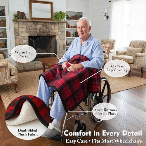 Wheelchair Lap Blanket for Seniors, 43" * 28" Soft Sherpa Lined Knee & Lap Cover, Warm Lightweight Throw with Snap Buttons, Cozy Comfort for Elderly & Caregivers, Red/Black Plaid