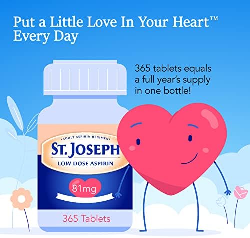 St. Joseph Aspirin Pain Reliever (NSAID) 81mg, Enteric Safety Coated, Adult Low Dose Aspirin, 365 ct (1 Year Supply, Packaging May Vary)