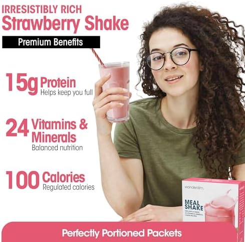 WonderSlim Meal Replacement Shake, Strawberry Cream, 15g Protein, 24 Vitamins & Minerals, Gluten Free (7ct)