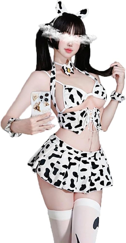 JasmyGirls Cow Cosplay Lingerie Anime Bikini Costume Sexy Maid Outfit Kawaii Lolita Bra Mini Skirt Set Japanese Underwear Stocking