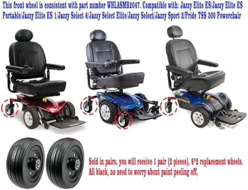 6"x2" Rear Caster Wheel Assembly for Jazzy Select, Jazzy Select Elite, and Pride TSS 300 (WHLASMB2047),Replacement Power Chair Wheels W/Solid Tires and W/Bearings,WHLASMB2047,Black 1Pr.