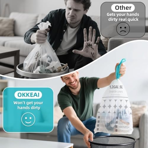 OKKEAI 1.2 Gallon Small Trash Bag, 70 Count Drawstring Bathroom Trash Bags 5L – Leak-Proof Tear-Resistant Wastebasket Liners for Bathroom, Office