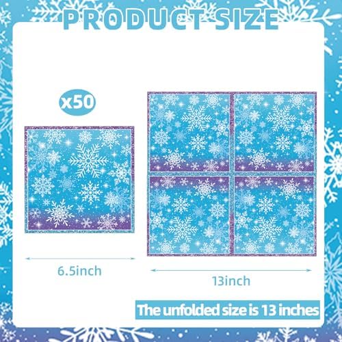 50 Count Snowflake Winterland Paper Napkins, Disposable Snow Party Napkins for Christmas Dinner, Winter Birthday Gatherings, Baby Shower, Snow-Themed Table Decorations