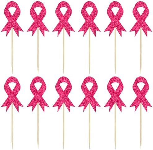 Gyufise 24Pcs Ribbon Breast Cancer Awareness Cupcake Toppers Glitter Pink Ribbon Fight Hope Believe Breast Cupcake Picks for Pink Ribbon Breast Cancer Party Cake Decorations Supplies Rose Red
