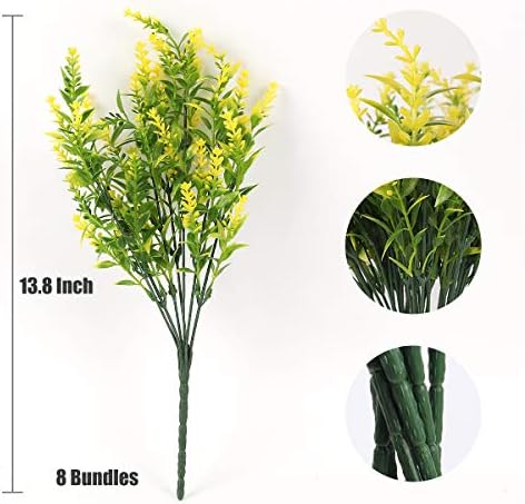 RECUTMS 8 Bundles Artificial Lavender Flowers for Outdoor Decoration, UV Resistant Fake Shrubs Greenery Bushes House Office Garden Patio Indoor Outdoor Decor (Yellow)