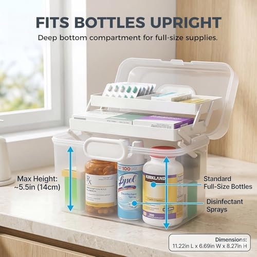 Portable Medicine Organizer Box & First Aid Kit Container – 3-Layer Folding Storage Bin with Handle & Latch, Clear Medical Supply Case for Home, Dorm, Sewing – w/ 2 Pill Pods & Labels