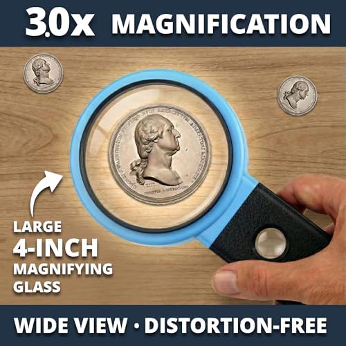 VisionAid Hands-Free Magnifying Glass with Stand, LED Lights, Loupe Handheld Illuminated Magnifier for Low Vision Seniors Reading