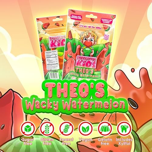 Bubblegum Kids Theo’s Wacky Watermelon Sugar Free Gum | Watermelon Flavor, Sugarless Gum with Xylitol | Vegan, Low Calorie Candy for Kids & Adults | Resealable Bag, 55 Pieces Per Pack, 1 Pack