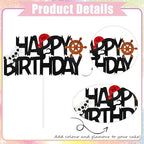 Pirate Happy Birthday Cake Topper Black Glitter Rudder Cake Decoration for Pirate-Themed Kids & Boys Birthday Parties