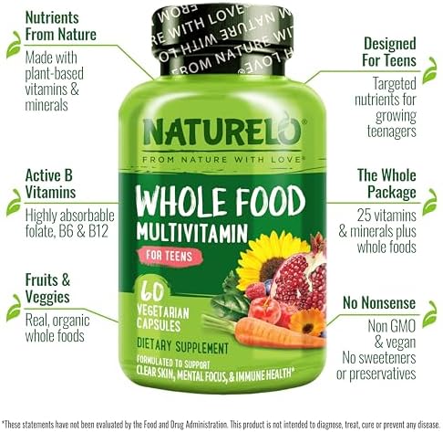 NATURELO Multivitamins for Teenage Girls/Boys, 60 Capsules, Whole Food Multivitamin with Minerals, Non-GMO, Vegetarian