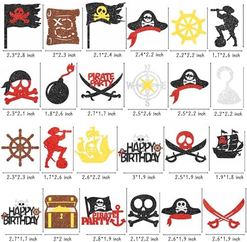 24pcs Glitter Pirate Theme Cupcake Toppers Pirate Party Decoration Nautical Sailing Cake Cupcake Picks for Pirate Themed Birthday Party Decorations Baby Shower Supplies
