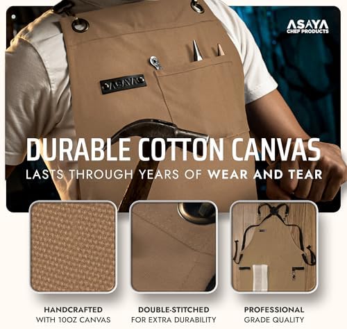 Asaya Chef and BBQ Apron with Bottle Opener and Hand Towel - 10oz Cotton Canvas, Stainless Steel Hardware - Cross Back Straps