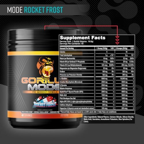 Gorilla Mode Pre Workout - Massive Pumps · Laser Focus · Energy · Power - L-Citrulline, Creatine, L-Tyrosine, Betaine, Hydroprime®, Alpha-GPC, 400mg Caffeine, Huperzine A - 792g (Rocket Frost)