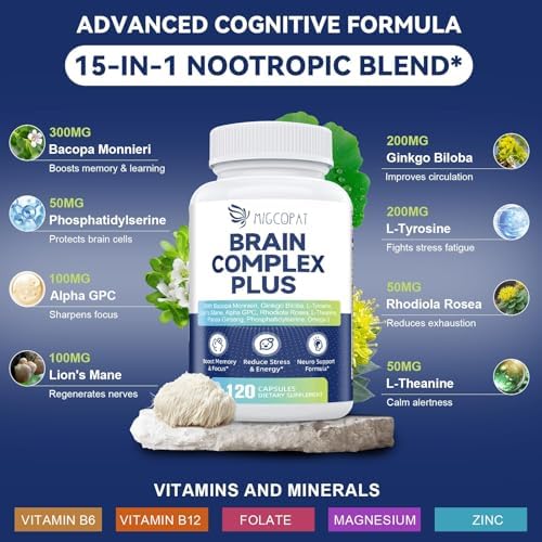 Brain Supplements for Memory and Focus | Nootropic with Bacopa Monnieri, Lion's Mane, Alpha GPC, Ginkgo Biloba | Mental Clarity & Cognitive Support | Vitamin B6 & B12 Neuro Health - Non-GMO, 120 Caps