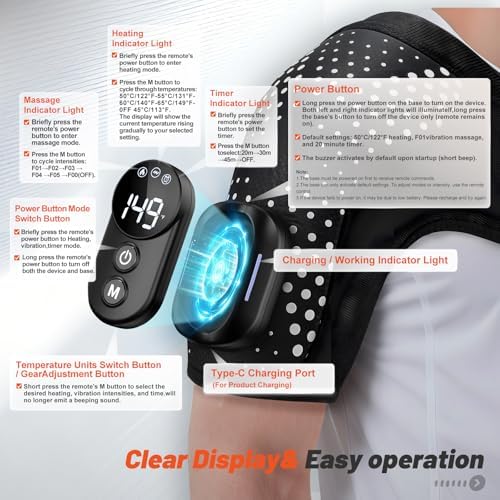 Cordless Shoulder Heating Pad with Massager, with Detachable Remote,Shoulder Massage Wrap with 6 Heating Levels 5 Vibration Modes, Rotator Massager for Pain Relief,for Men & Women