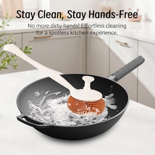 Kitchen Cleaning Brush with Replaceable Head –Dish Scrubber for Non-Stick Pans, Pots, Sink & Dishes – Sturdy Handle for Heavy-Duty Cleaning – Includes 2 Brush Heads & 2 Traceless Hooks