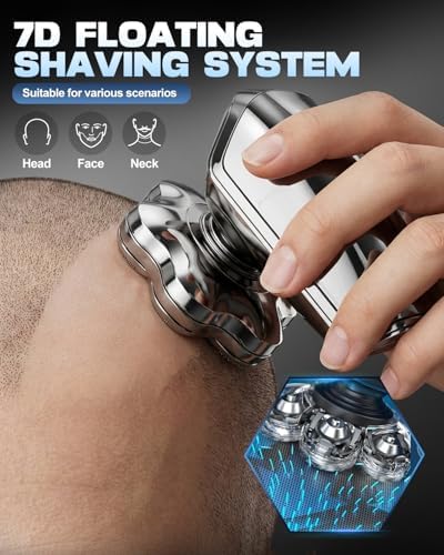 Head Shavers for Bald Men, 7D Floating Blades Electric Razor with Magnetic Detachable Heads, IPX7 Waterproof Rotary Shaver 5-in-1 Self-Grooming Kit Gift for Balder