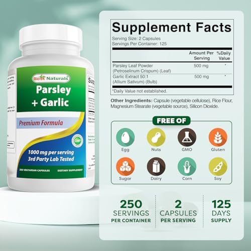 Best Naturals Parsley and Garlic 1000 mg per Serving 250 Vegetarian Capsules. Gluten Free and Non-GMO.
