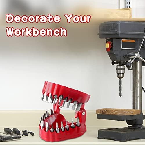 Denture Drill Bit Holder with 28 Bits fits 1/4 Inch Hex Bit and Drive Bit Adapter Unique Teeth Model Design Bit Holders Set as Tool and Home Decoration (Red)